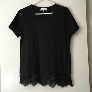 New CARVEN Paris Black Cotton Lace Trim Tee M/L
